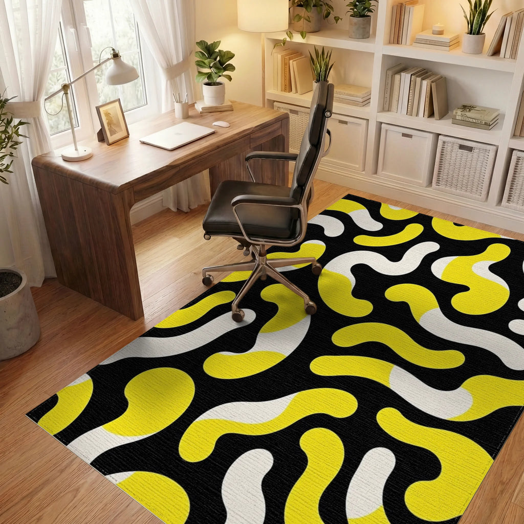 Bold Yellow and White Organic Whimsy Rug Office View