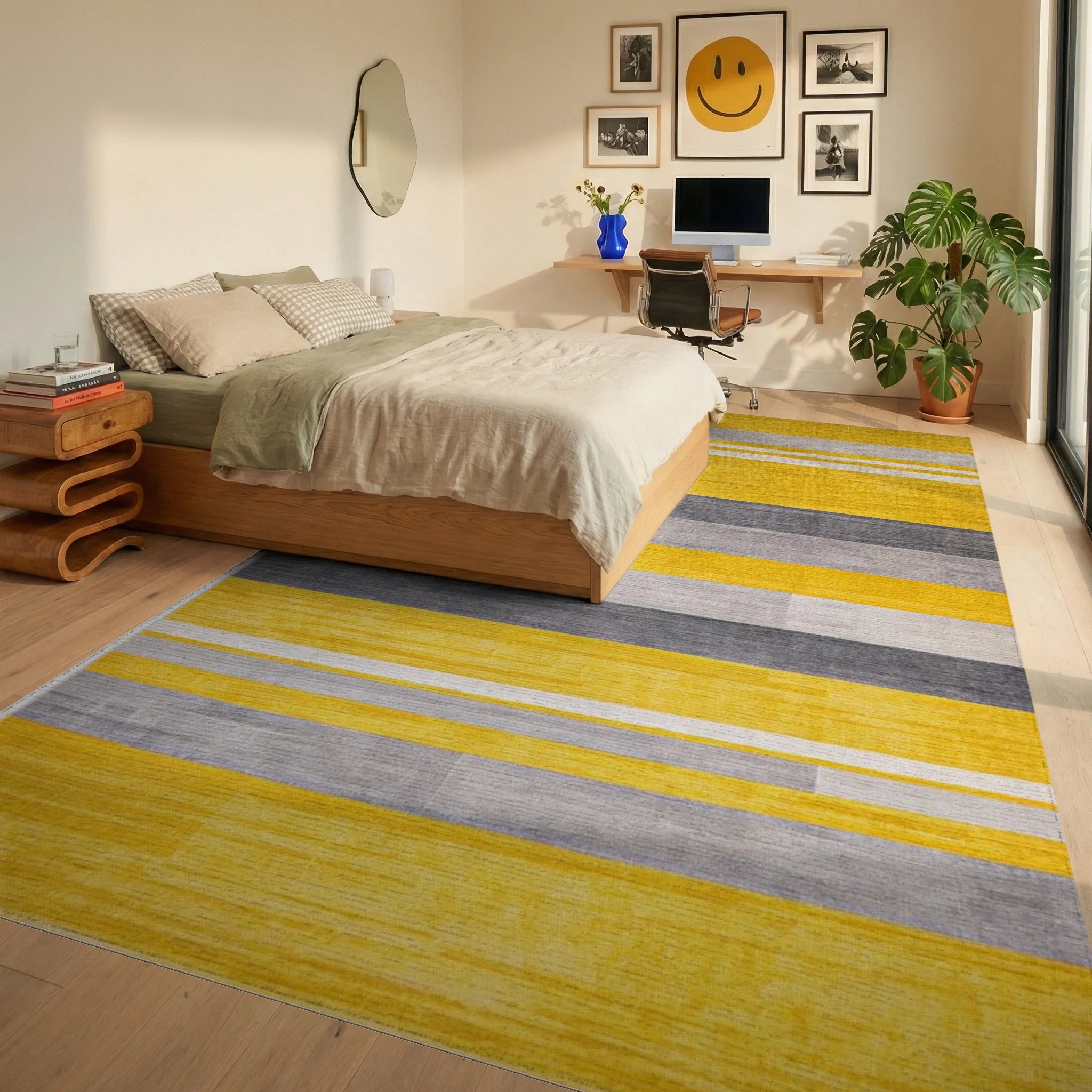 Bold Yellow Gray Striped Texture Rug - Bedroom View