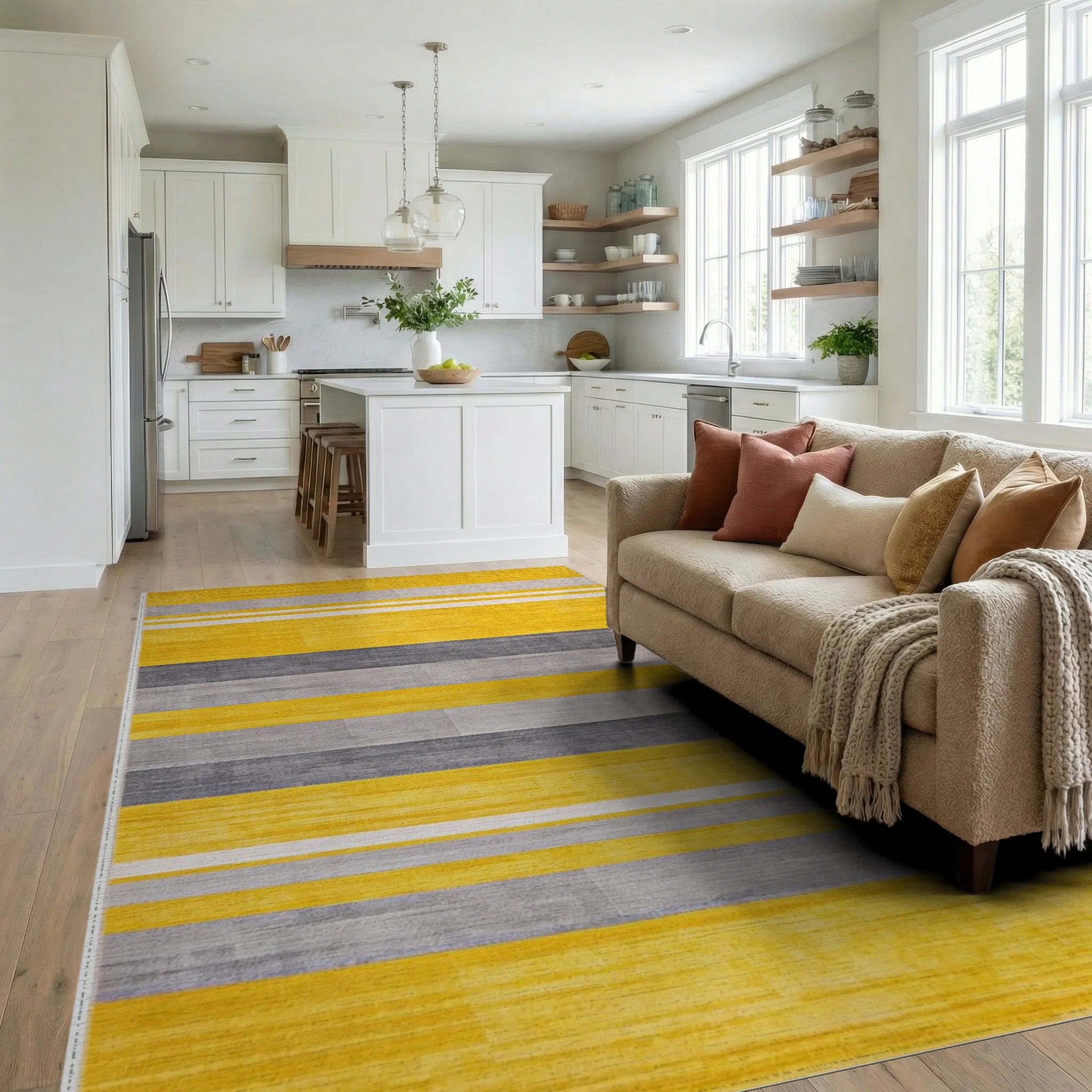 Bold Yellow Gray Striped Texture Rug - Living Room View