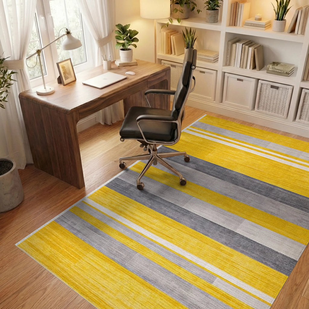 Bold Yellow Gray Striped Texture Rug - Office View