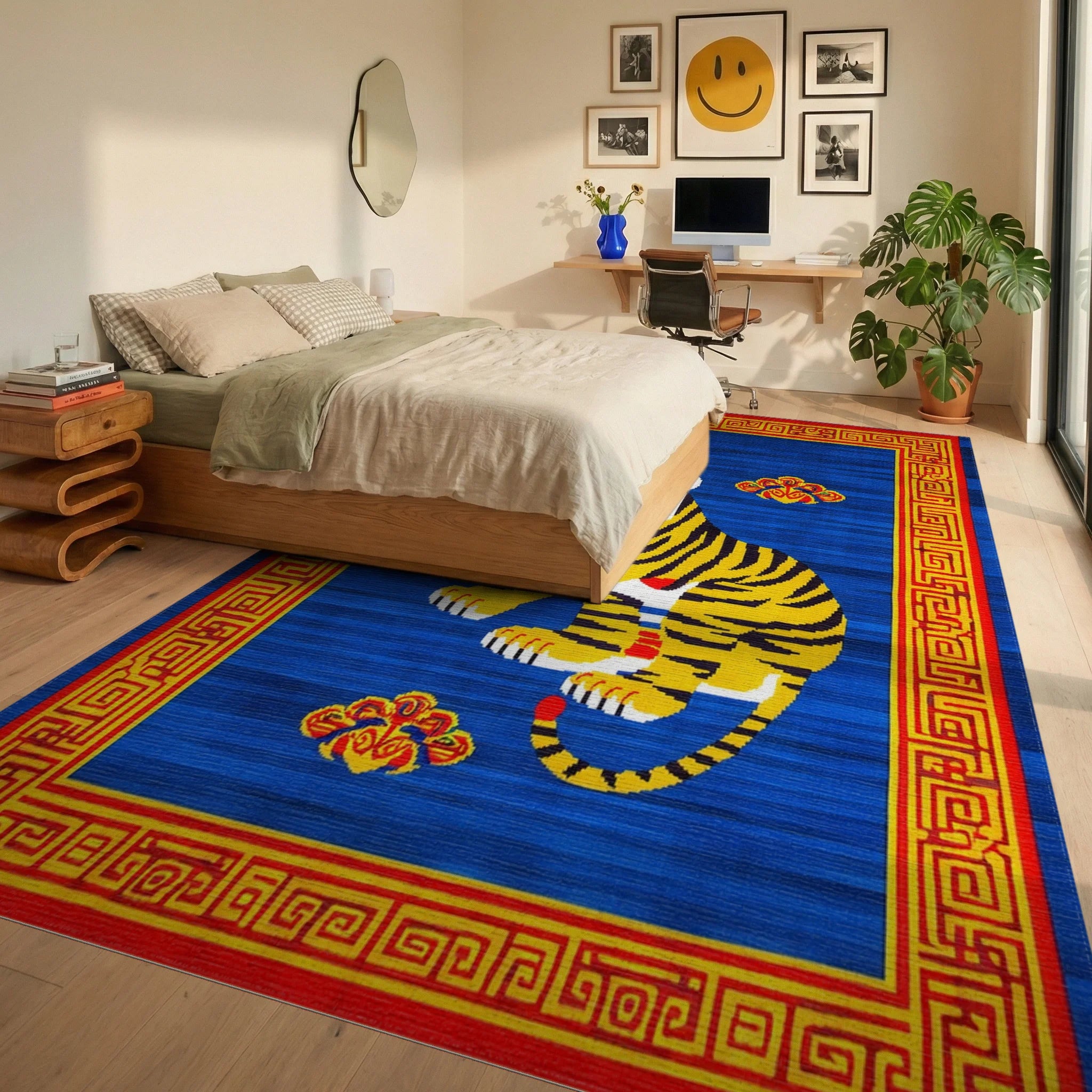 Bold Yellow Tiger Red Cloud Border Rug - Bedroom View