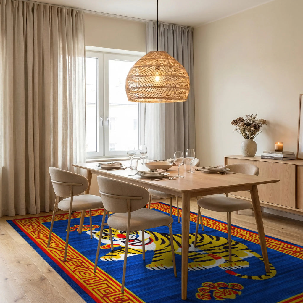 Bold Yellow Tiger Red Cloud Border Rug - Dining Room View
