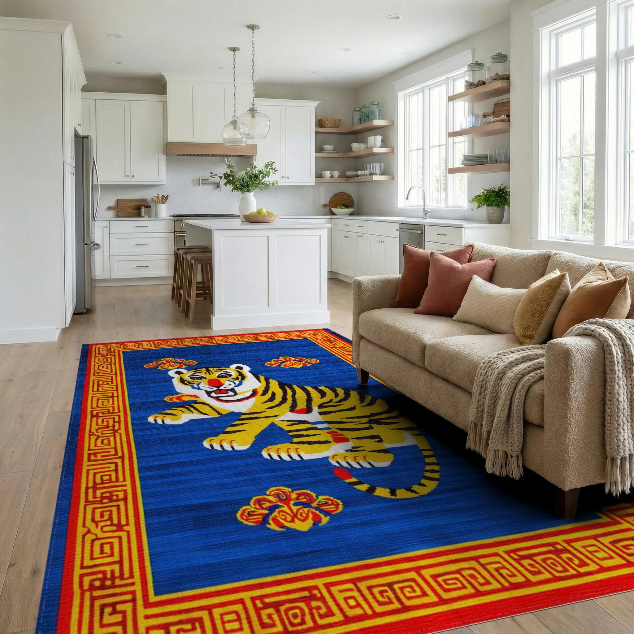 Bold Yellow Tiger Red Cloud Border Rug - Living Room View