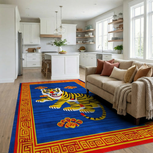 Bold Yellow Tiger Red Cloud Border Rug - Living Room View