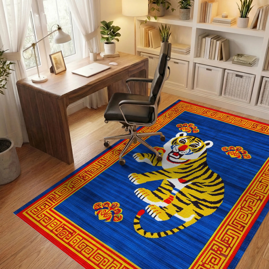 Bold Yellow Tiger Red Cloud Border Rug - Office View