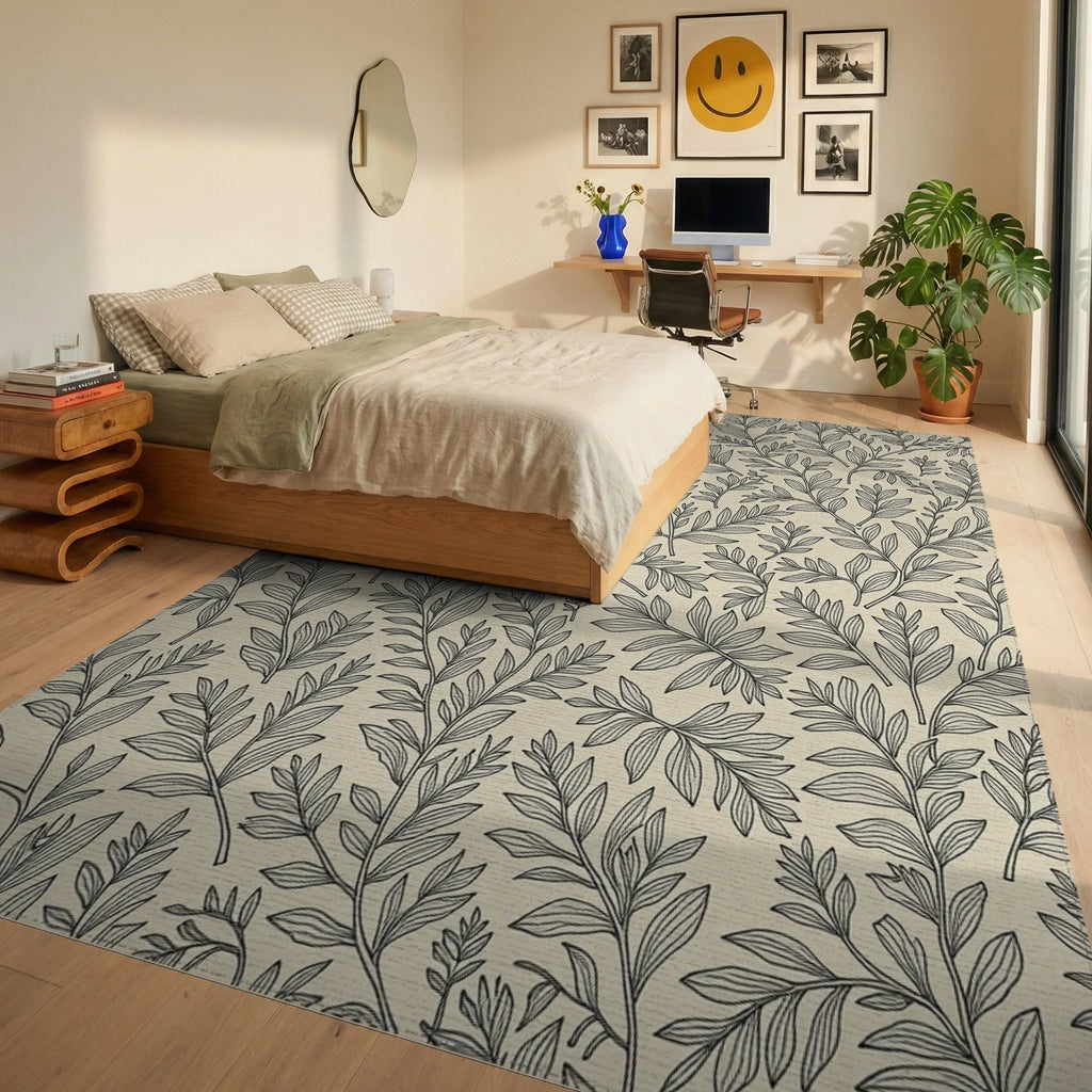Botanical Outline Foliage Pattern Rug Bedroom View