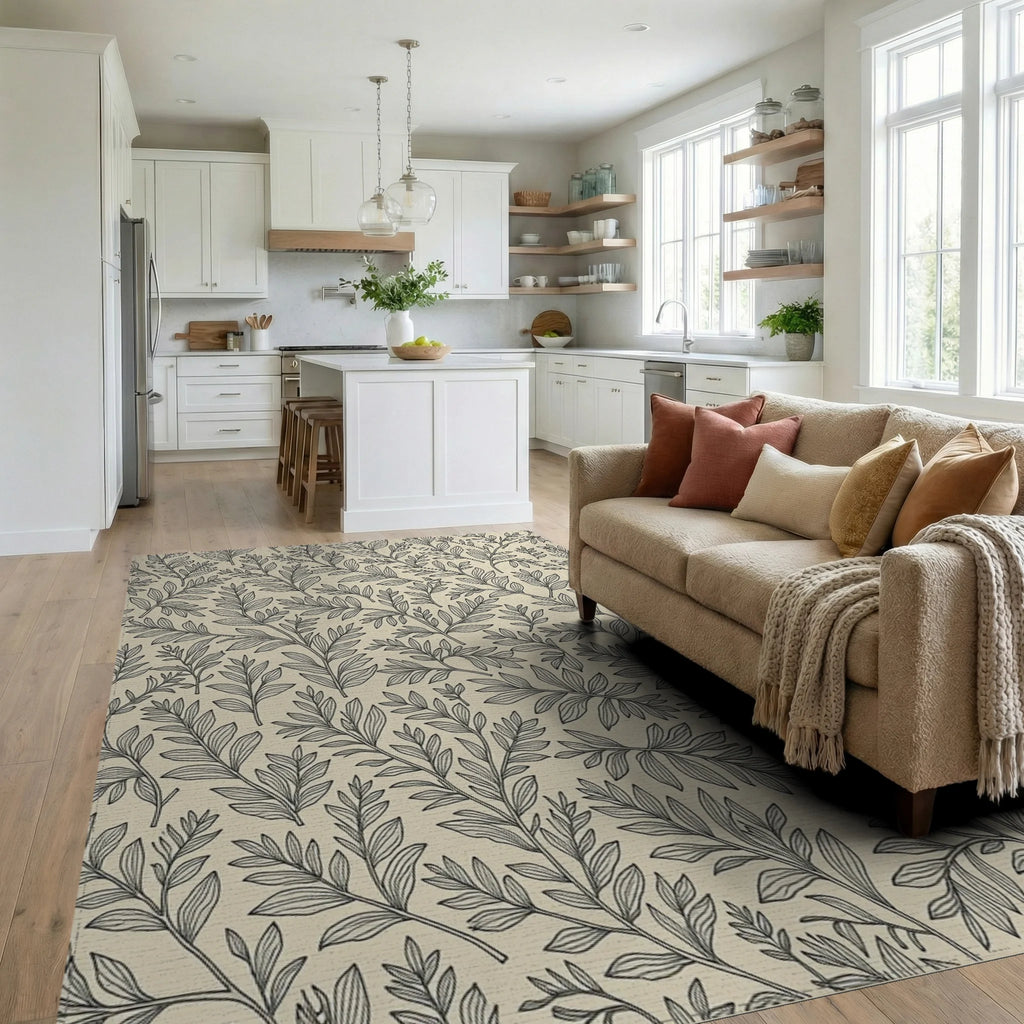 Botanical Outline Foliage Pattern Rug Living Room View