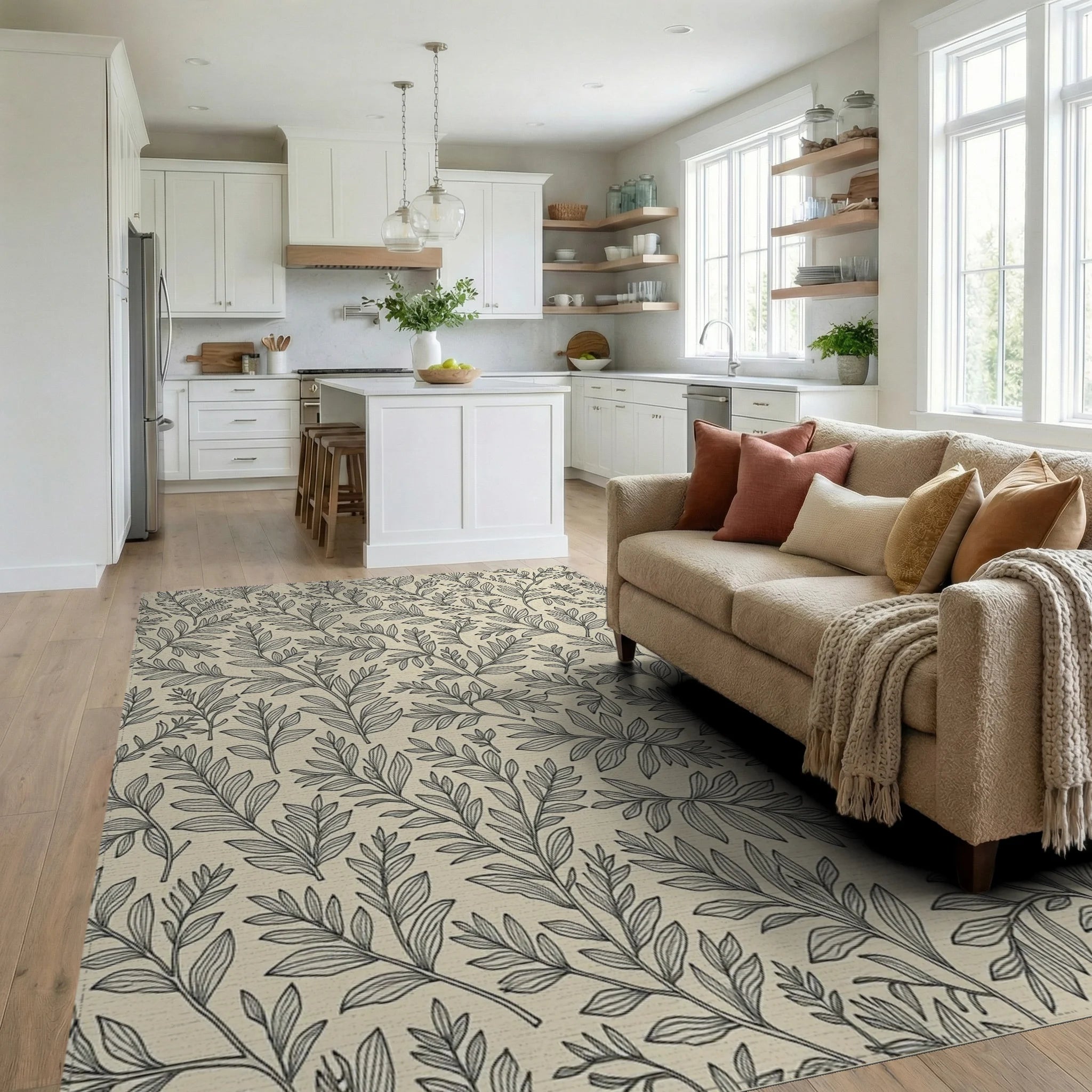Botanical Outline Foliage Pattern Rug Living Room View