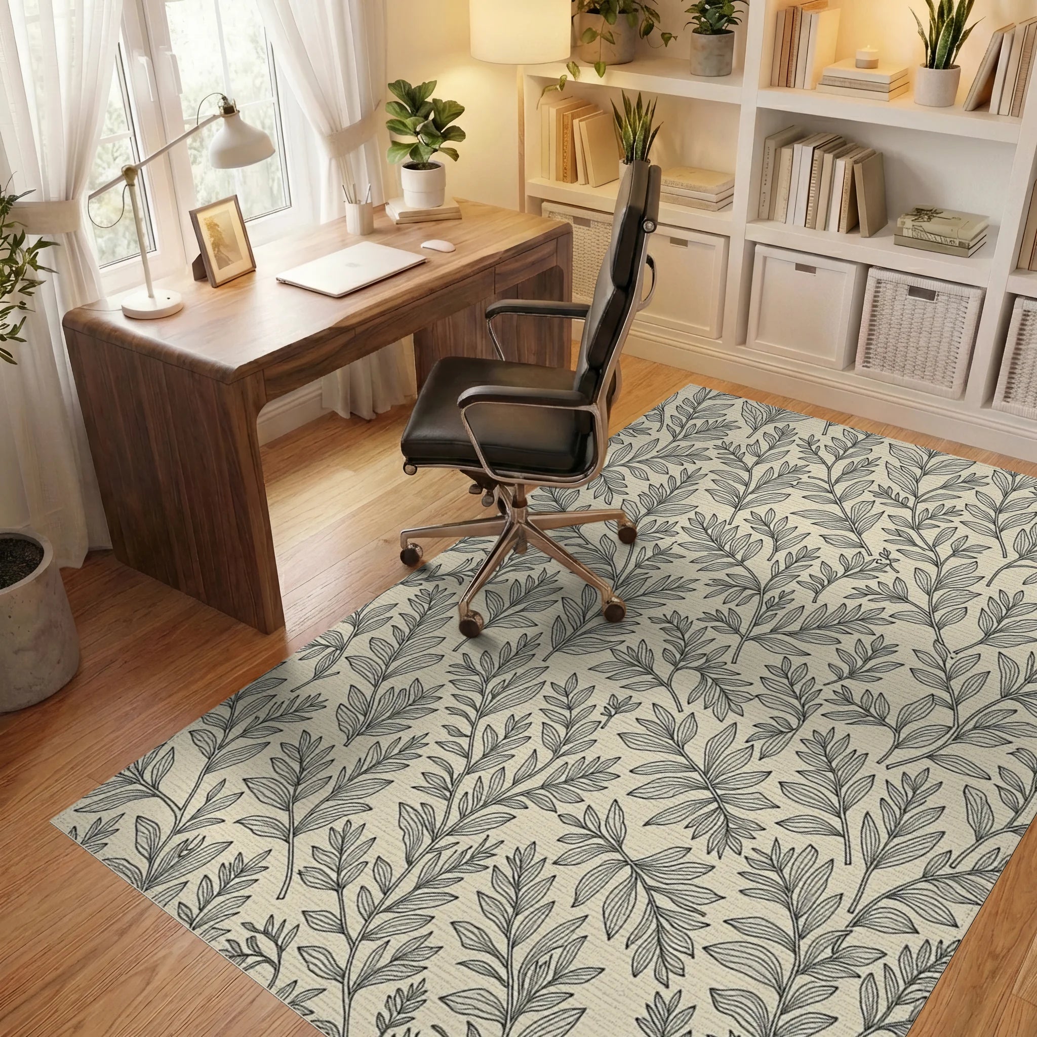 Botanical Outline Foliage Pattern Rug Office View