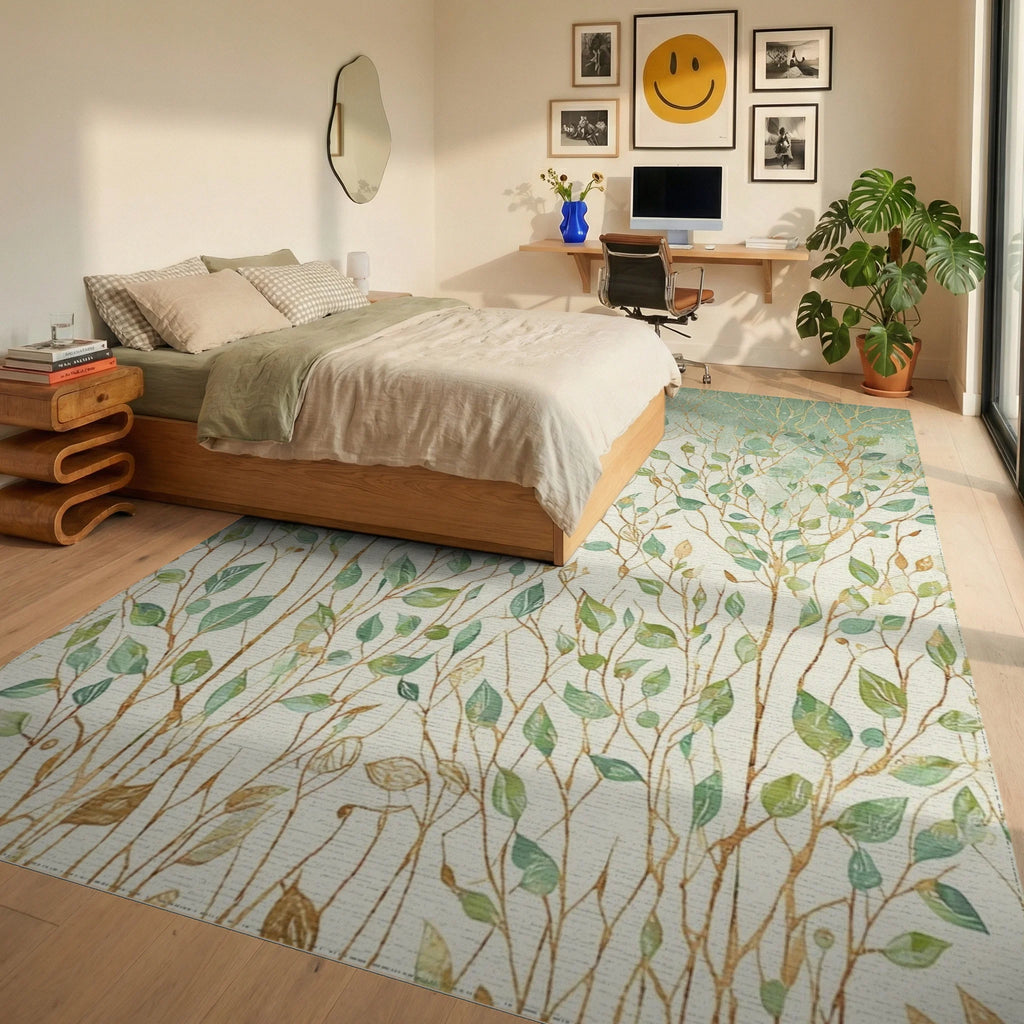 Botanical Watercolor Branches Leaves Design Rug - Bedroom View