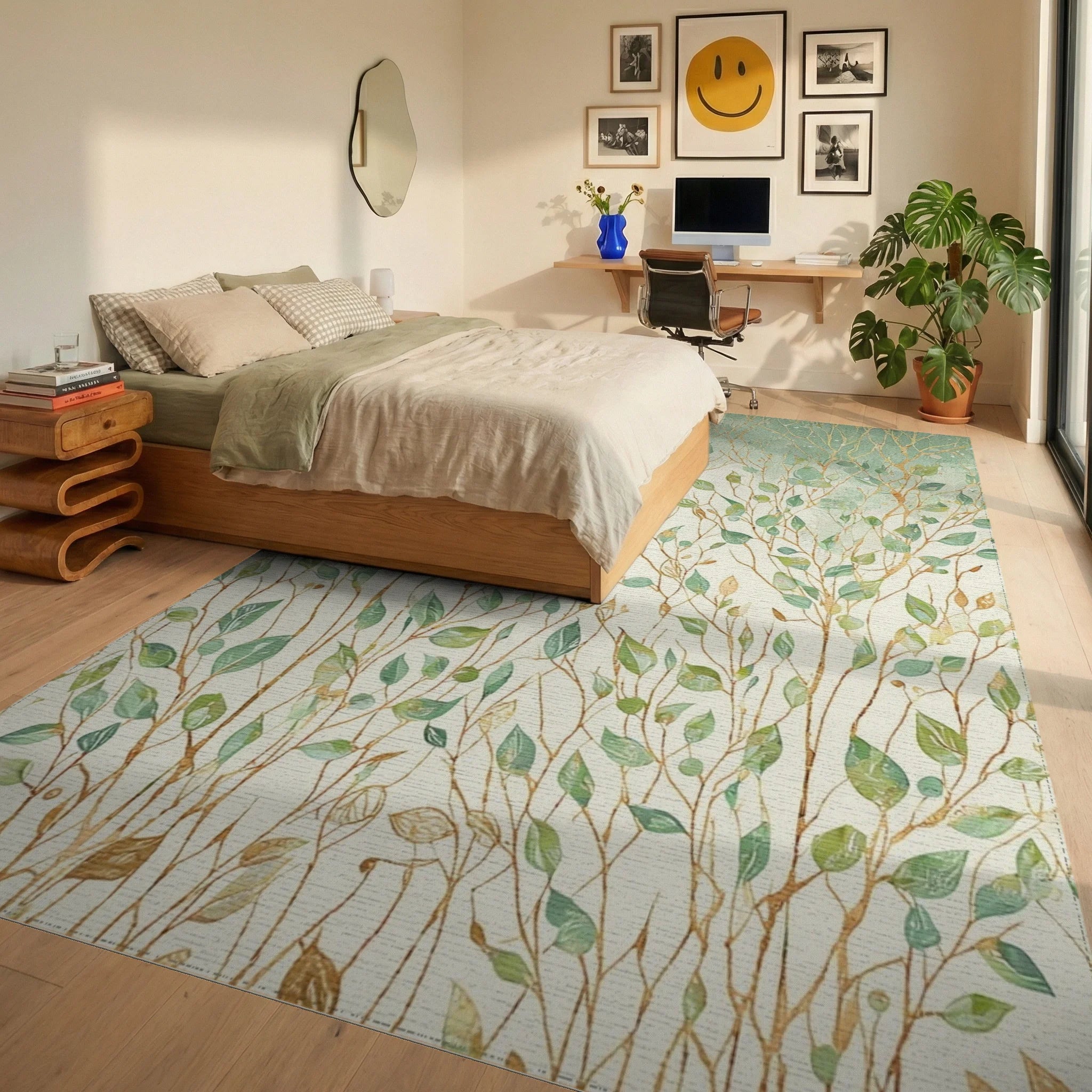 Botanical Watercolor Branches Leaves Design Rug - Bedroom View