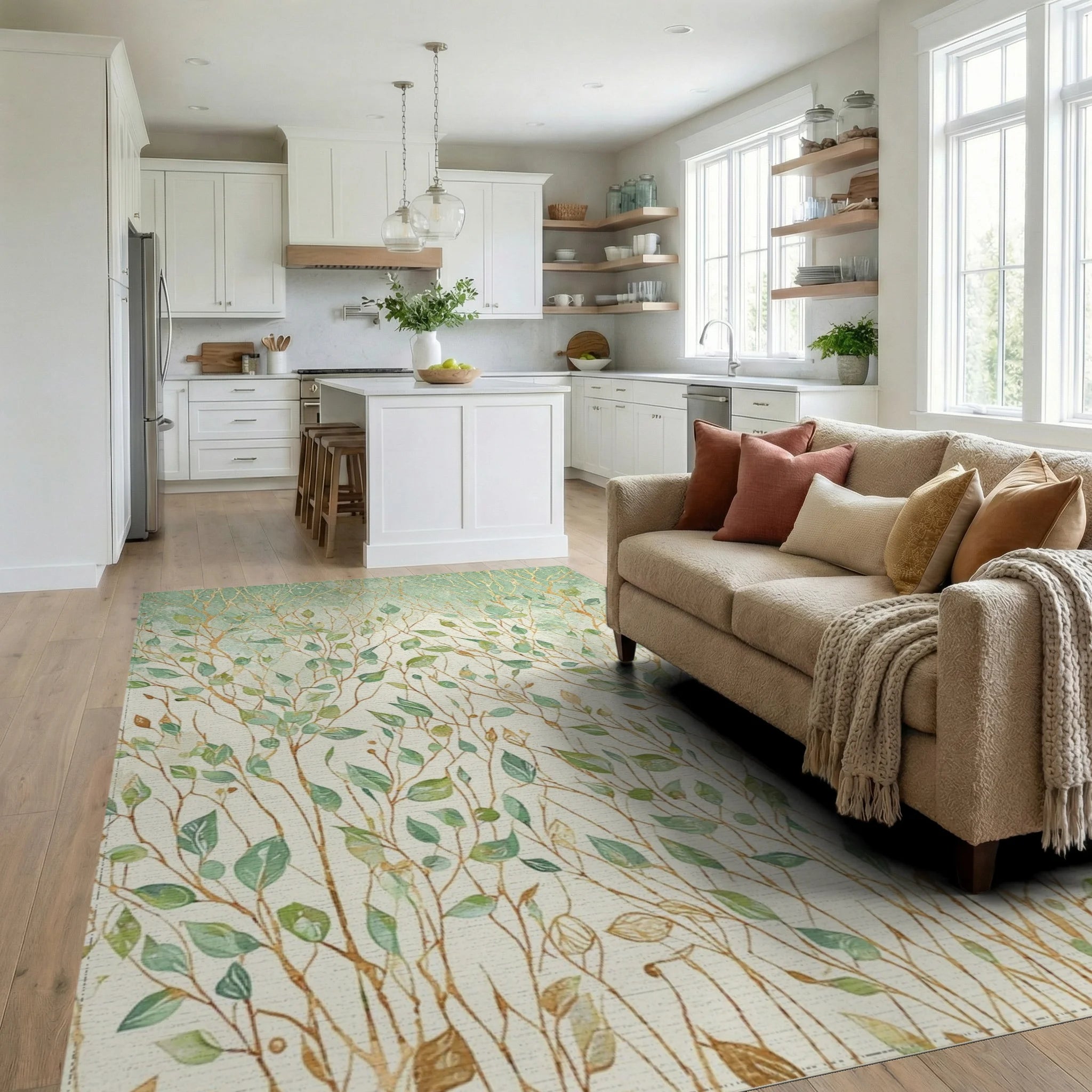 Botanical Watercolor Branches Leaves Design Rug - Living Room View