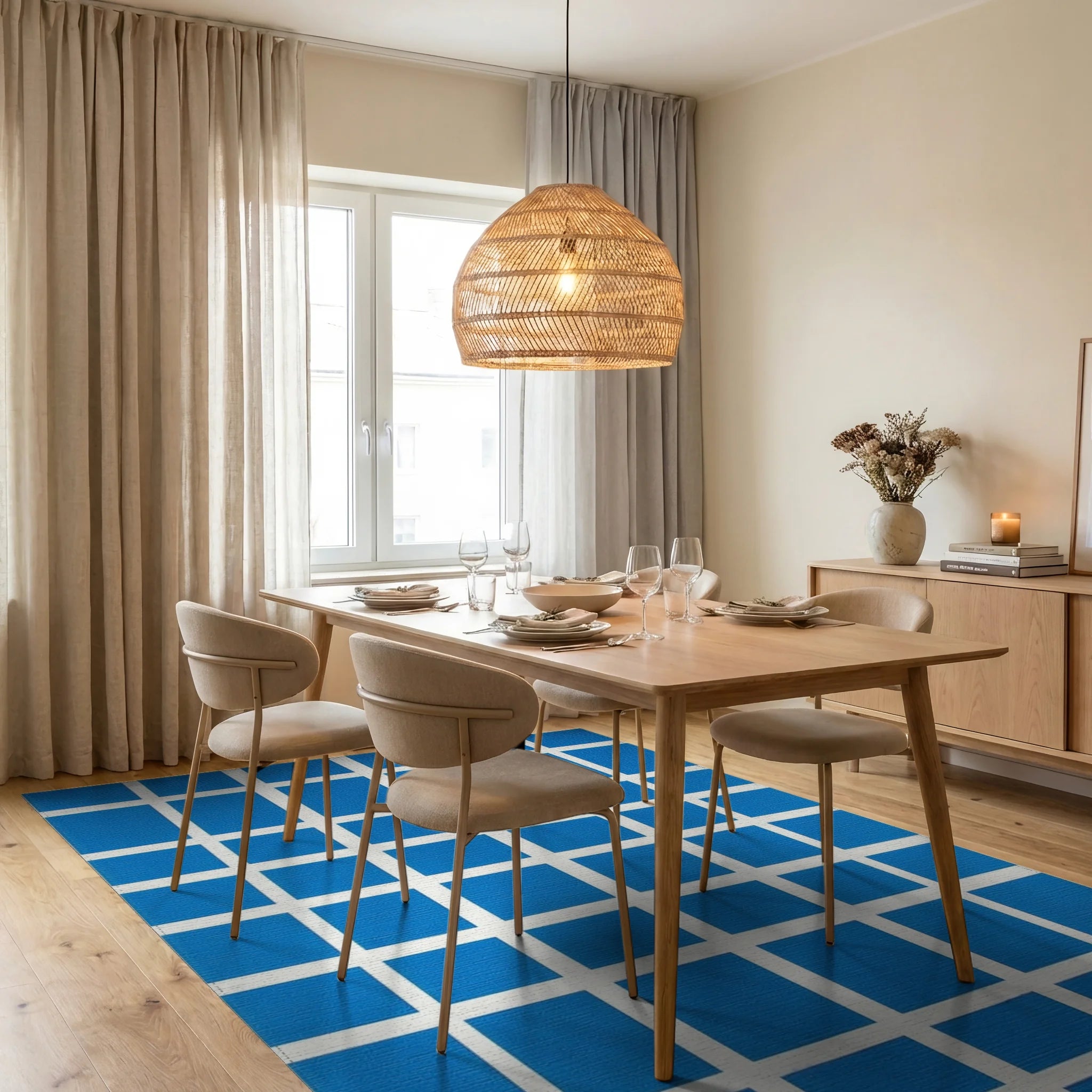 Bright Blue White Grid Squares Rug - Dining Room View