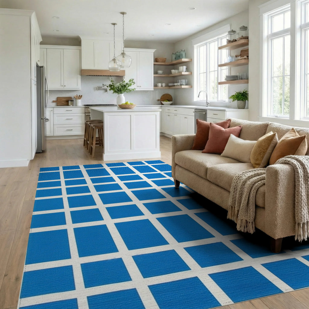 Bright Blue White Grid Squares Rug - Living Room View
