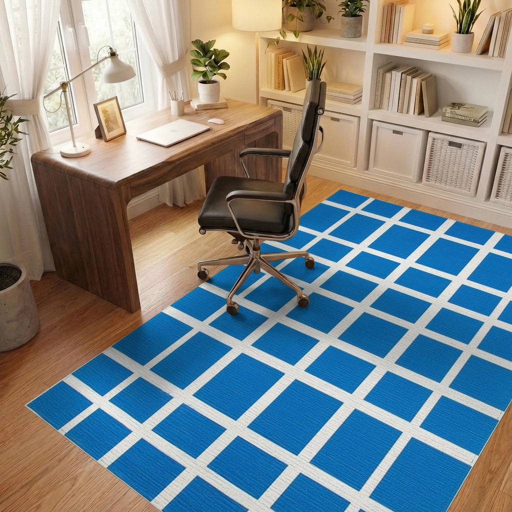 Bright Blue White Grid Squares Rug - Office View