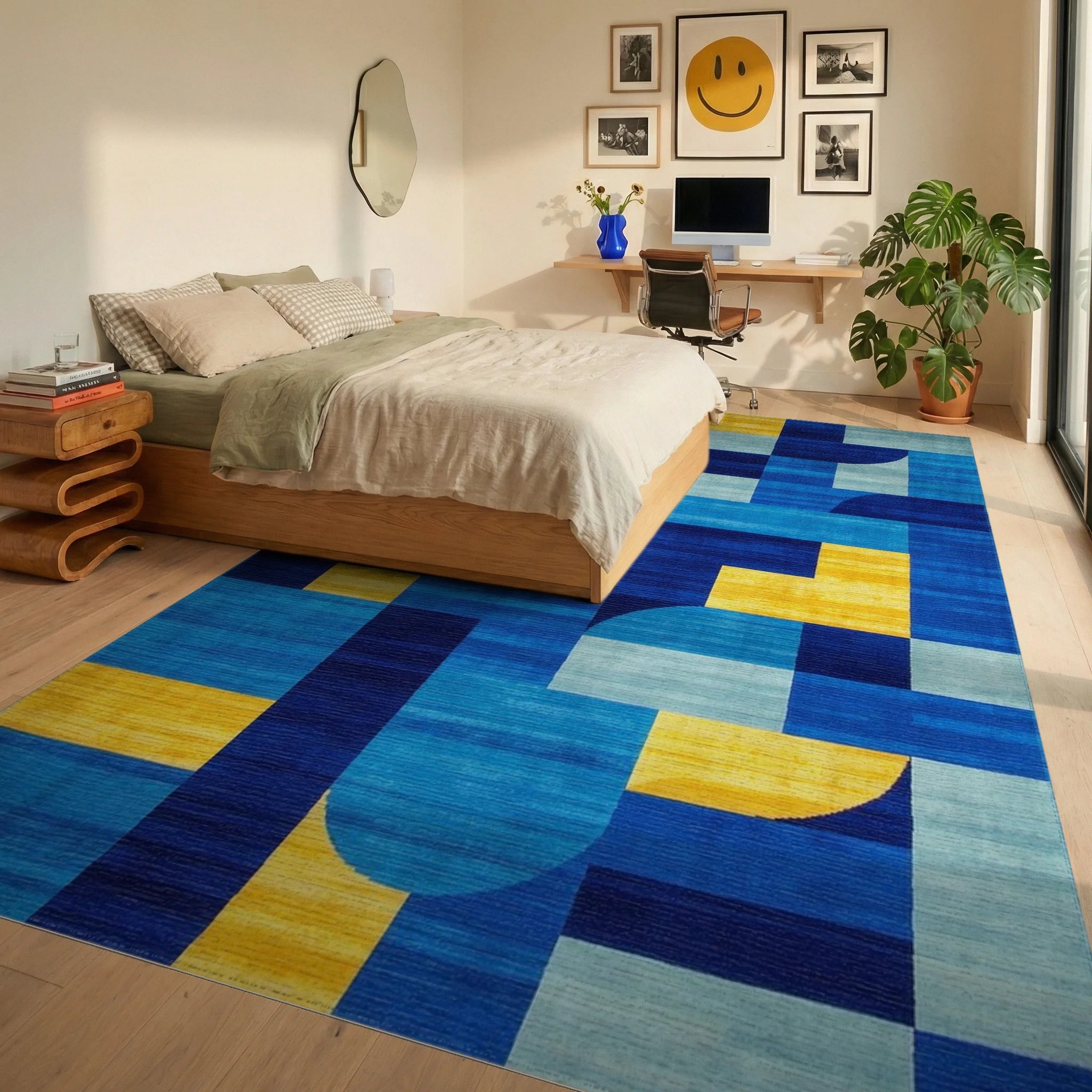Bright Blue Yellow Geometric Overlay Rug - Bedroom View