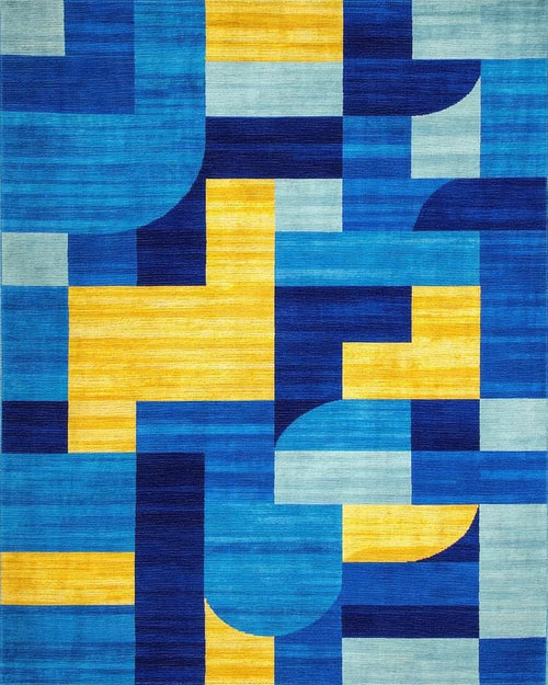Bright Blue Yellow Geometric Overlay Rug - Cutout View