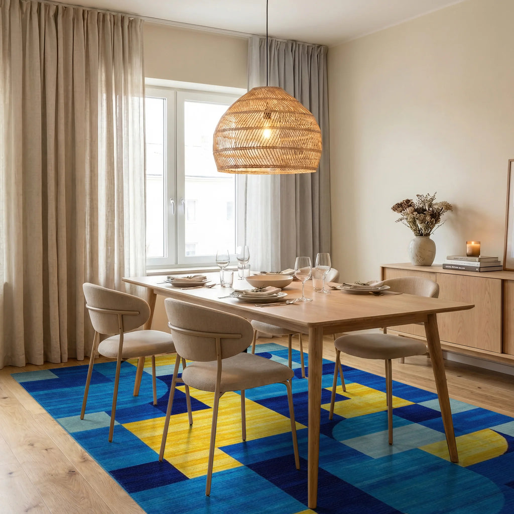 Bright Blue Yellow Geometric Overlay Rug - Dining Room View