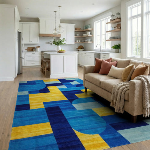 Bright Blue Yellow Geometric Overlay Rug - Living Room View