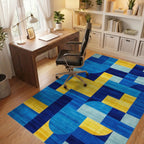 Bright Blue Yellow Geometric Overlay Rug - Office View