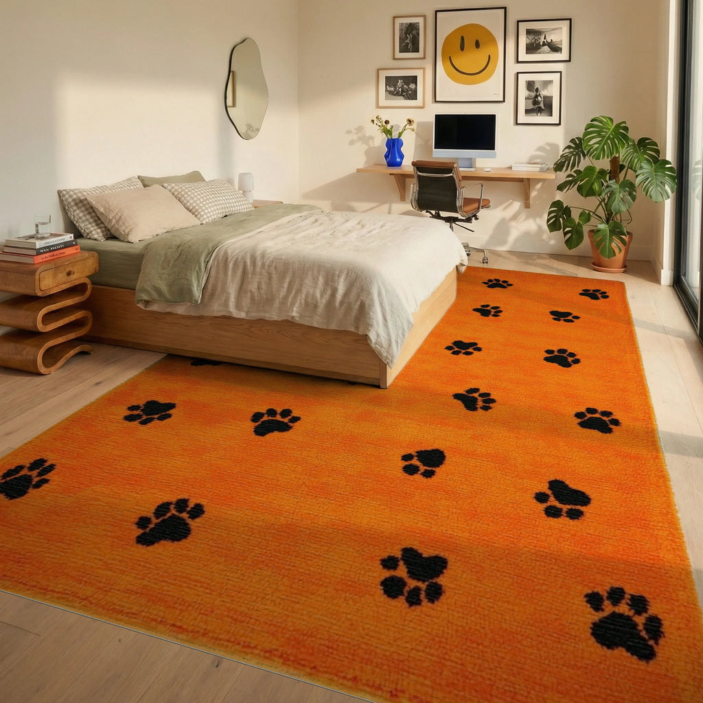 Bright Orange Paw Print Scatter Rug - Bedroom View