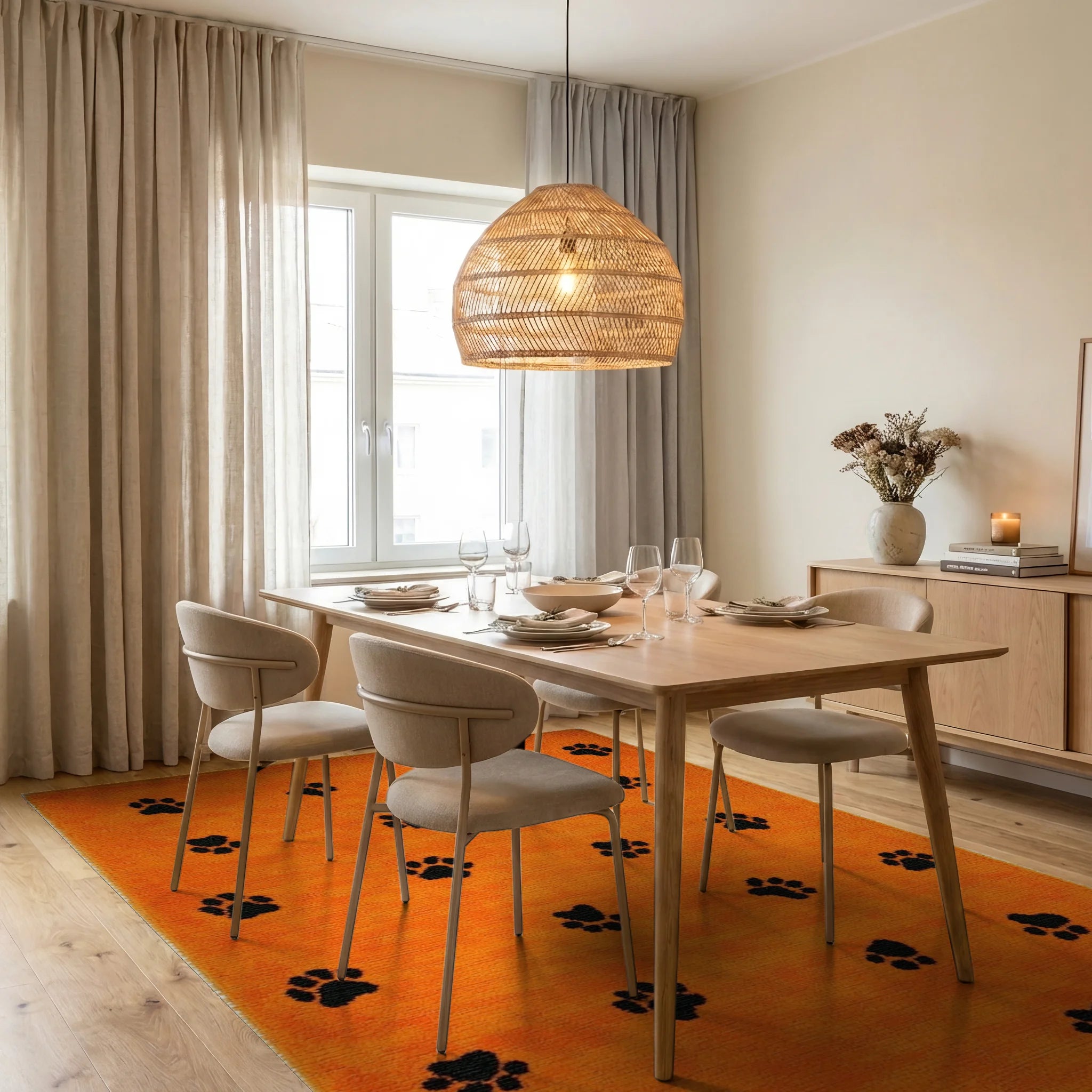Bright Orange Paw Print Scatter Rug - Dining Room View