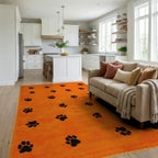 Bright Orange Paw Print Scatter Rug - Living Room View