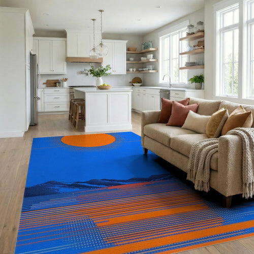 Bright Orange Sun Horizon Lines Rug - Living Room View