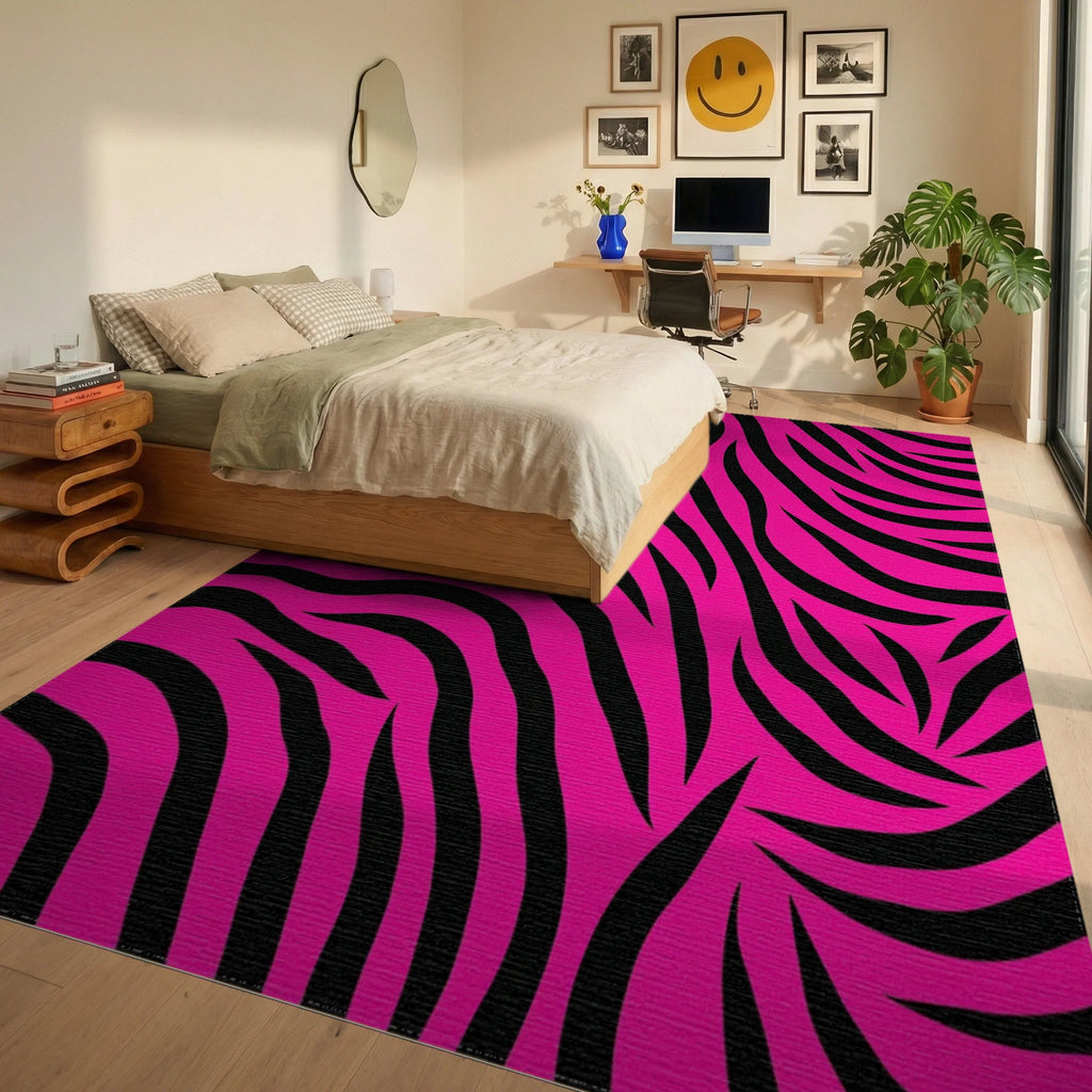 Bright Pink Zebra Abstract Design Rug Bedroom View