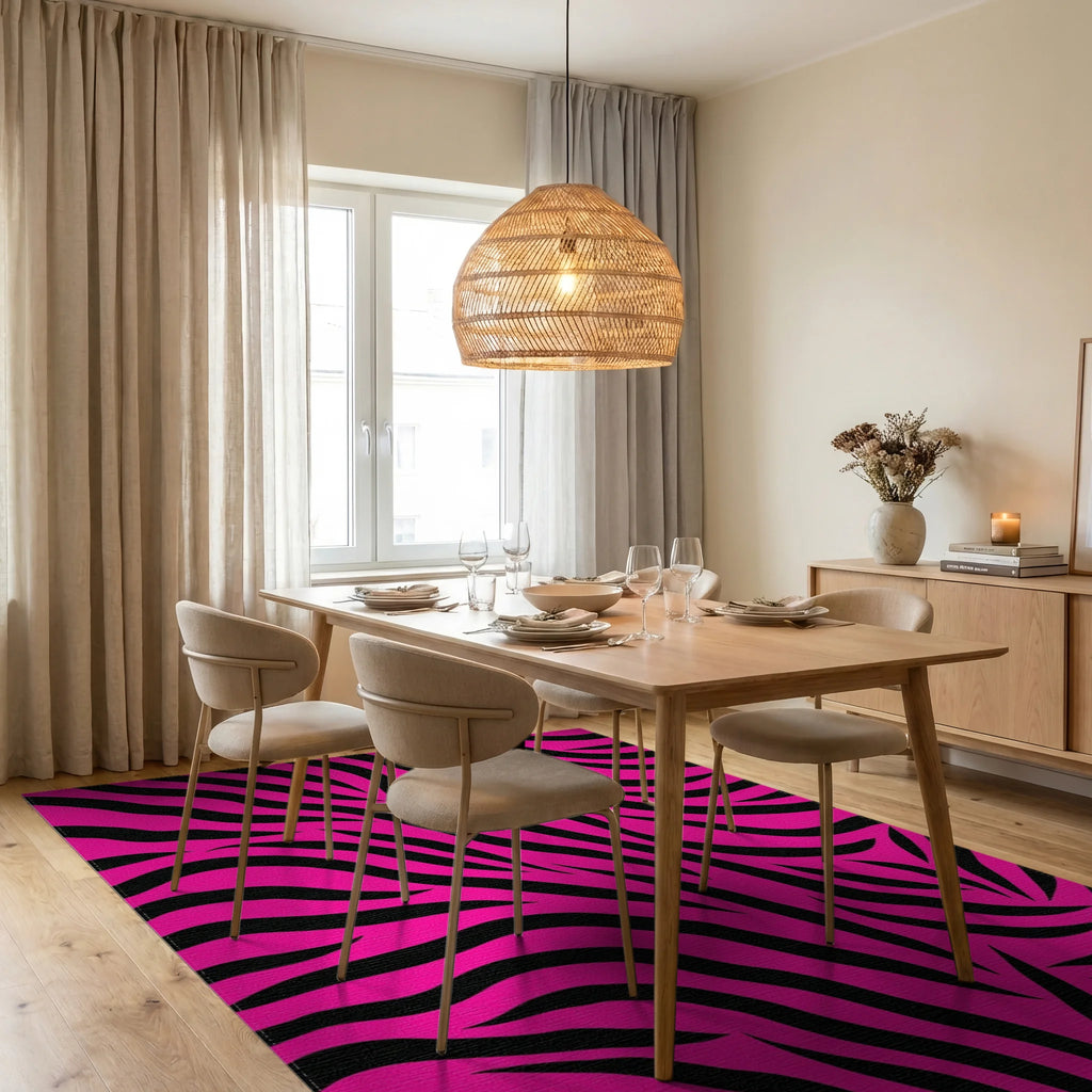 Bright Pink Zebra Abstract Design Rug Dining Room View