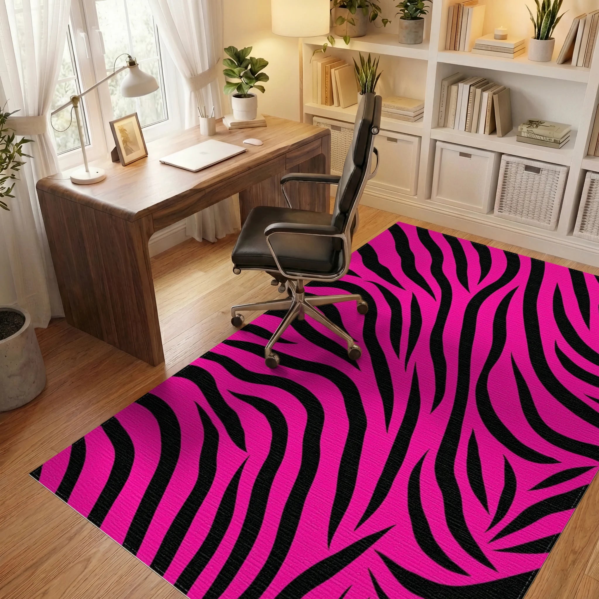 Bright Pink Zebra Abstract Design Rug Office View