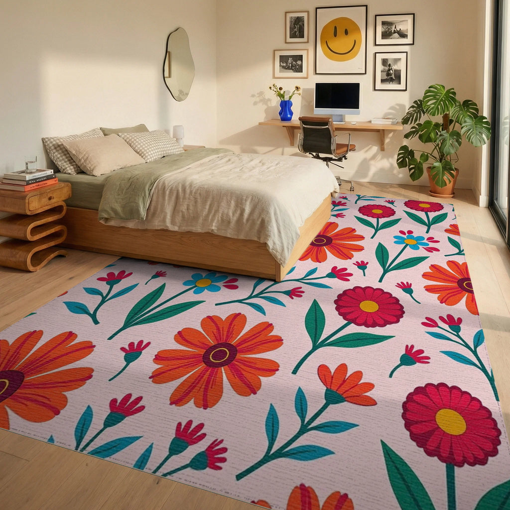 Bright Red Orange Floral Pattern Rug Bedroom View