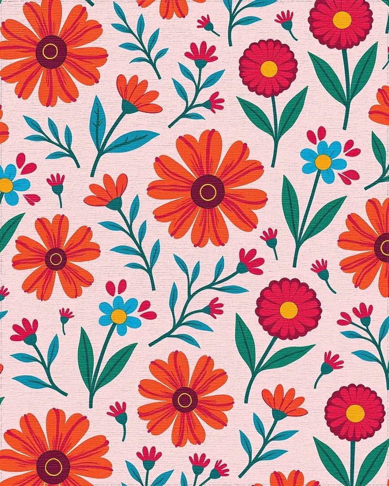 Bright Red Orange Floral Pattern Rug - Cutout View