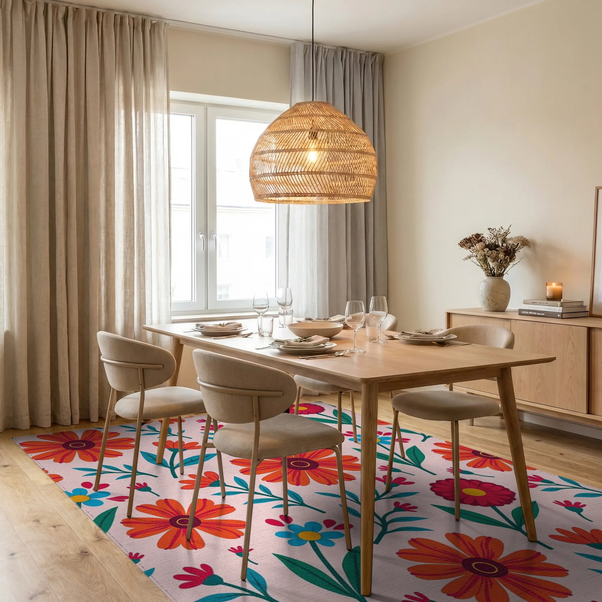 Bright Red Orange Floral Pattern Rug Dining Room View