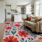 Bright Red Orange Floral Pattern Rug Living Room View