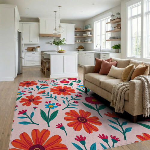 Bright Red Orange Floral Pattern Rug Living Room View