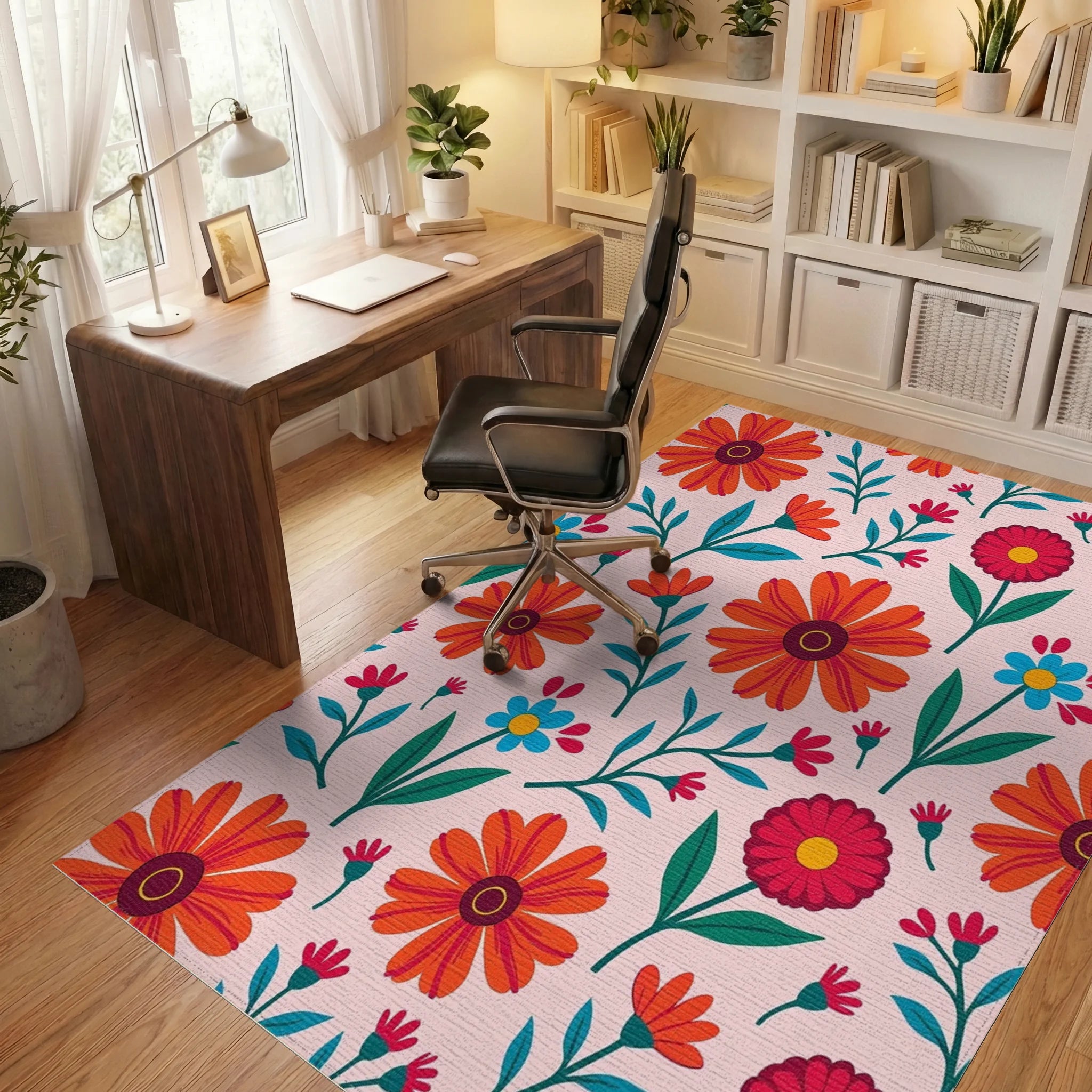 Bright Red Orange Floral Pattern Rug Office View