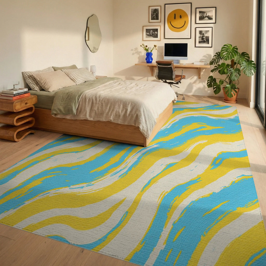 Bright Yellow Blue Cream Swirl Rug Bedroom View