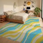 Bright Yellow Blue Cream Swirl Rug Bedroom View