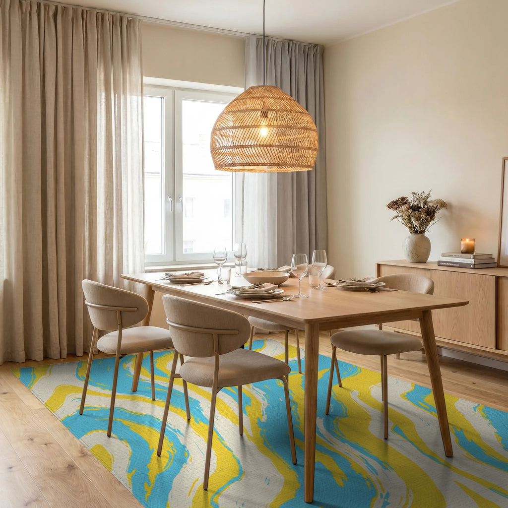Bright Yellow Blue Cream Swirl Rug Dining Room View