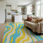 Bright Yellow Blue Cream Swirl Rug Living Room View