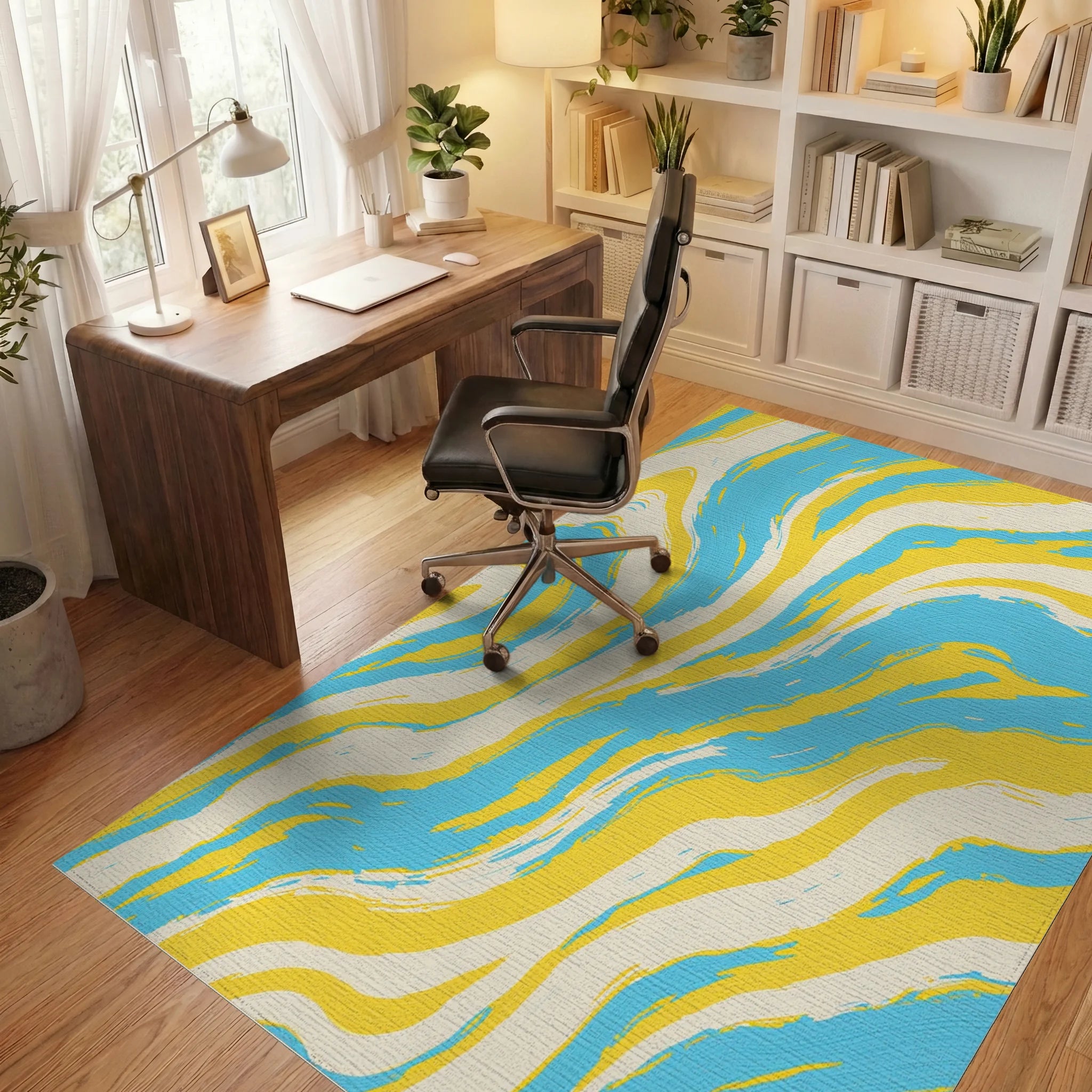 Bright Yellow Blue Cream Swirl Rug Office View