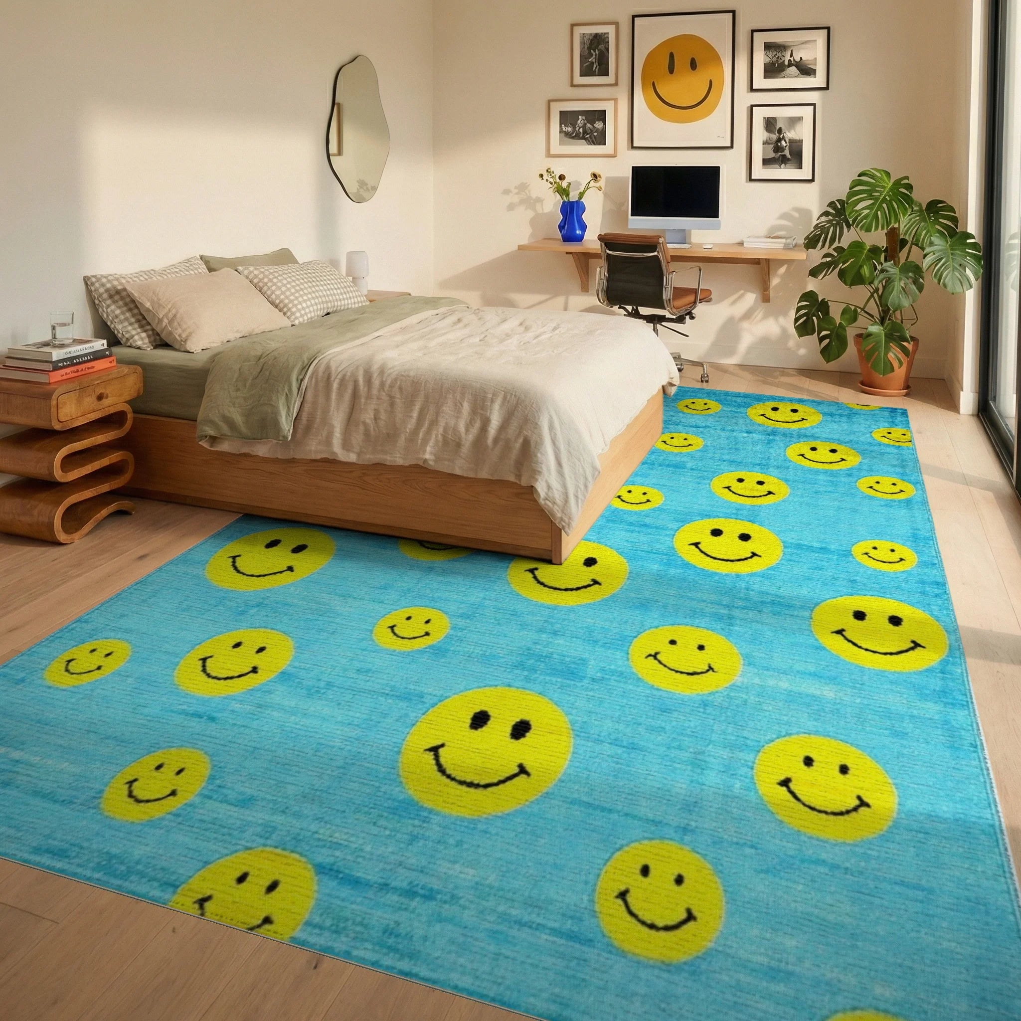 Bright Yellow Smiley Faces Aqua Rug - Bedroom View