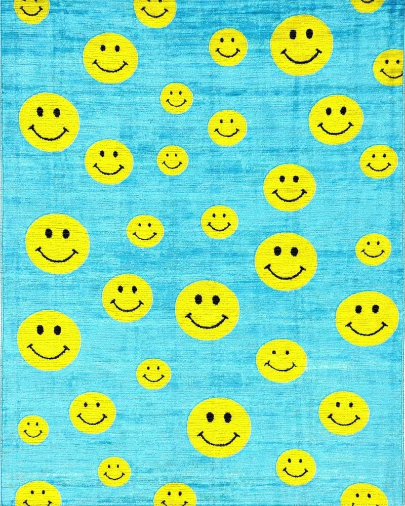 Bright Yellow Smiley Faces Aqua Rug - Cutout View