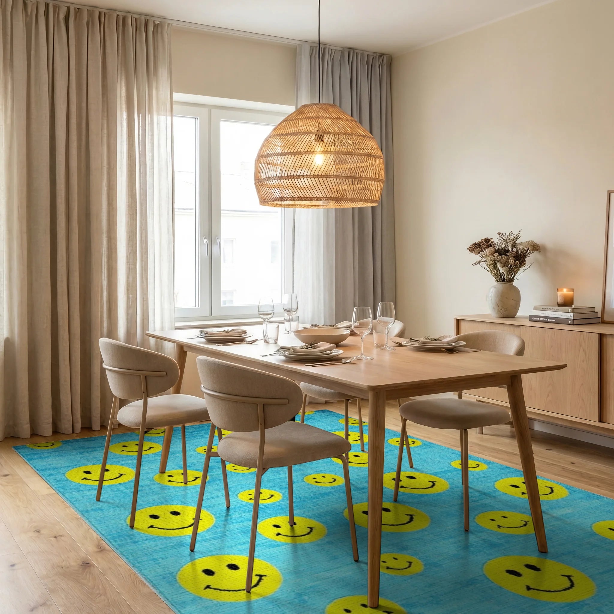 Bright Yellow Smiley Faces Aqua Rug - Dining Room View