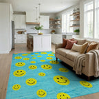 Bright Yellow Smiley Faces Aqua Rug - Living Room View