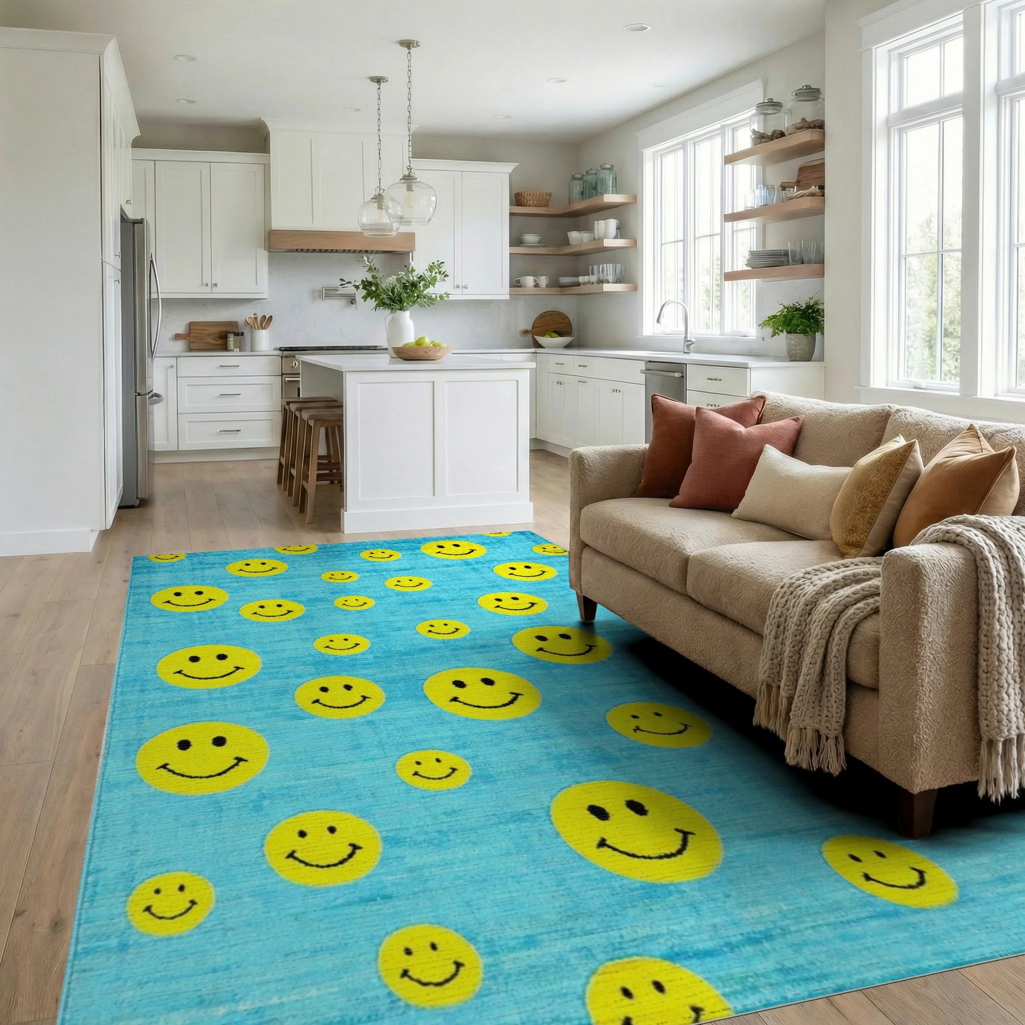 Bright Yellow Smiley Faces Aqua Rug - Living Room View