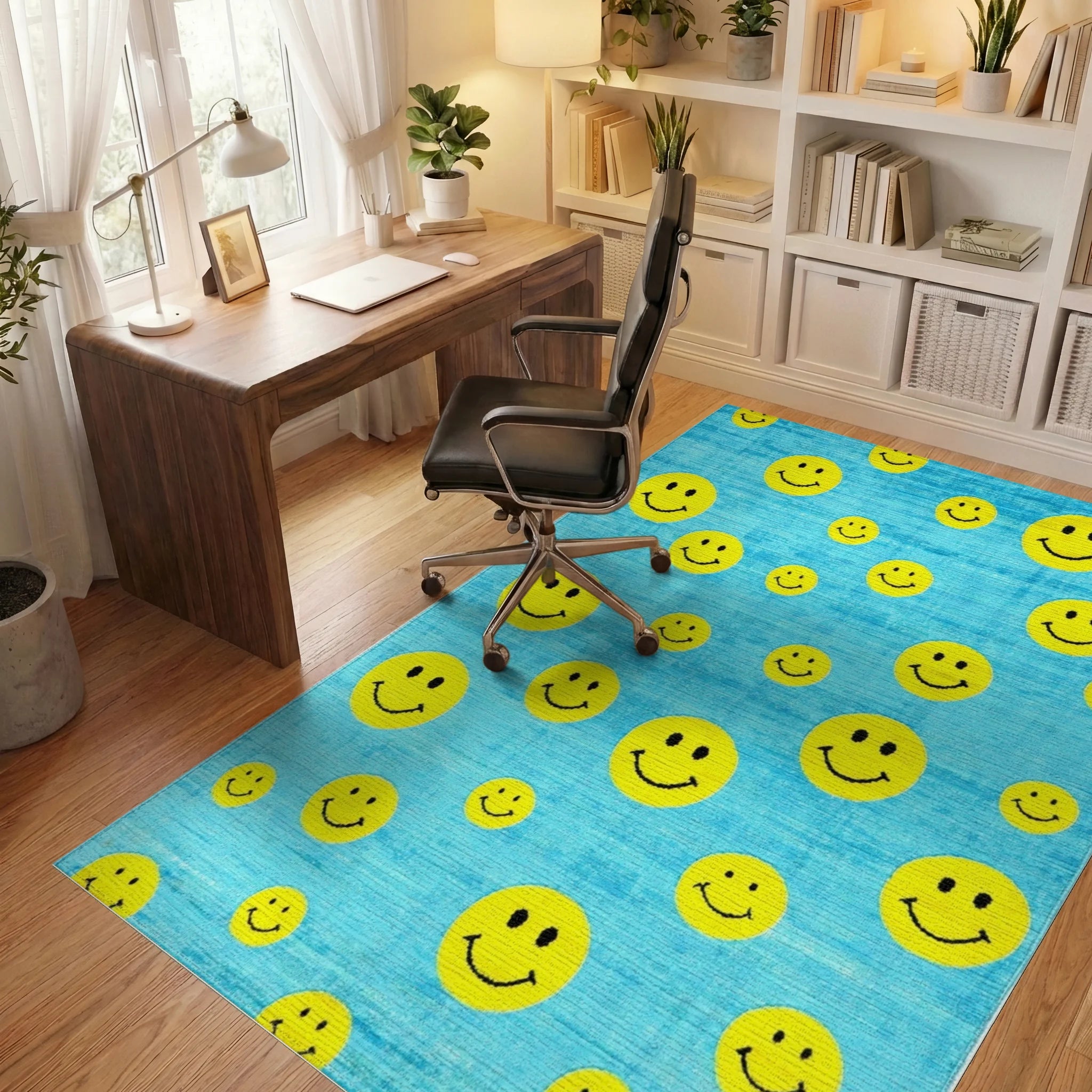 Bright Yellow Smiley Faces Aqua Rug - Office View