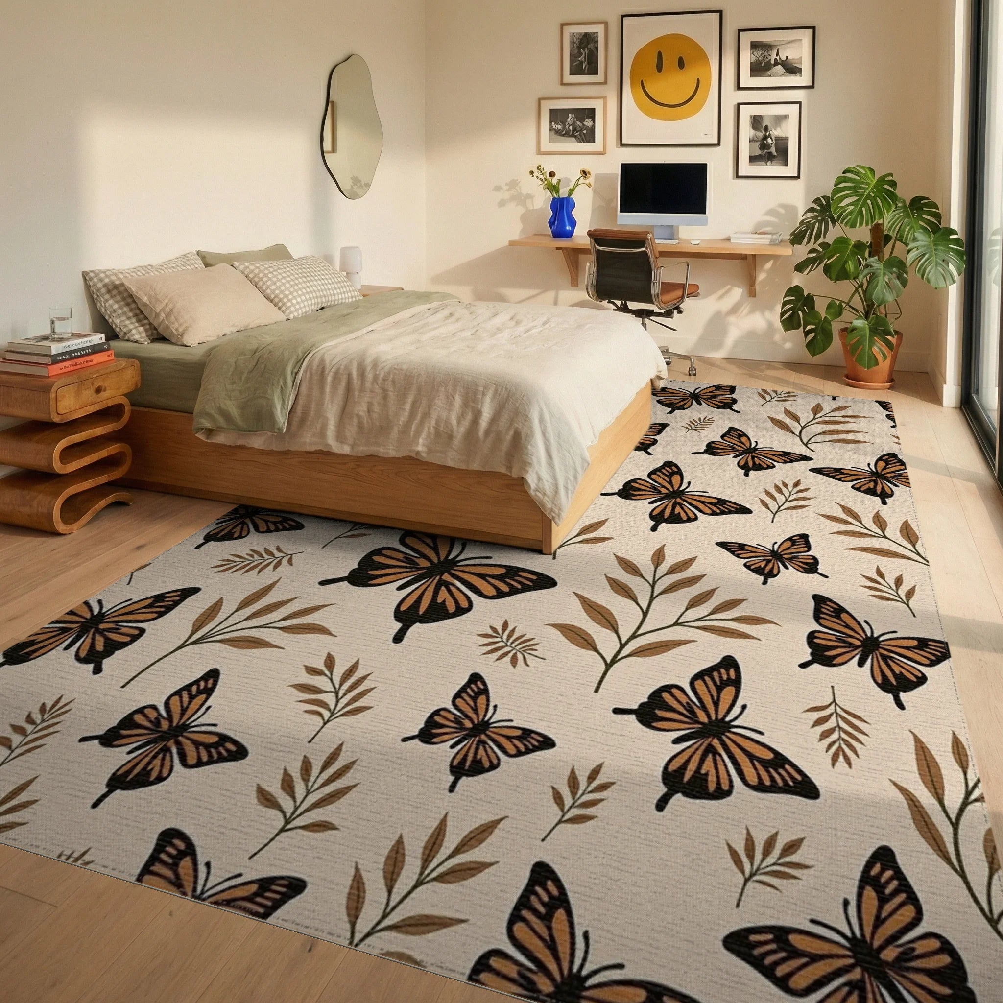 Brown Butterfly Leaf Pattern Rug Bedroom View