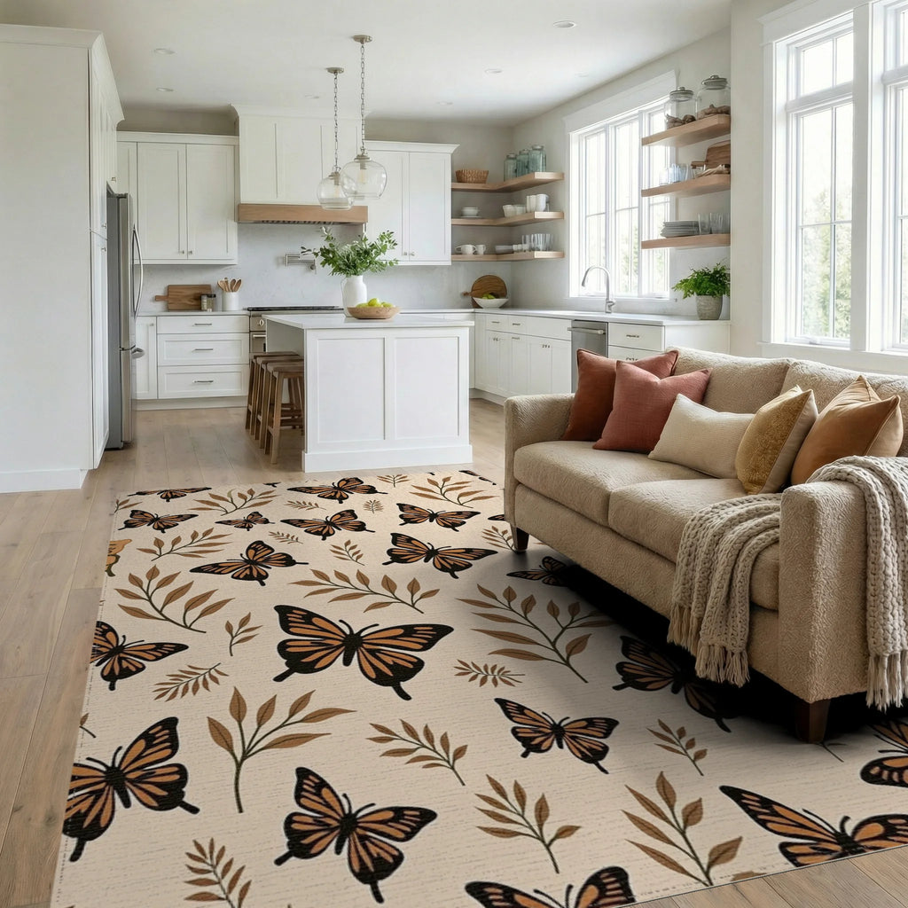 Brown Butterfly Leaf Pattern Rug Living Room View